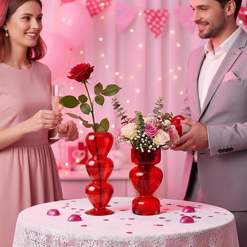 Acellegic 2 Pcs Valentine's Day Red Glass Bud Vase Table Centerpiece Red Heart Transparent Glass Vase Valentines Home Indoor Decor Table Decor for Proposal Valentine Gifts Mothers Day Bridal Shower