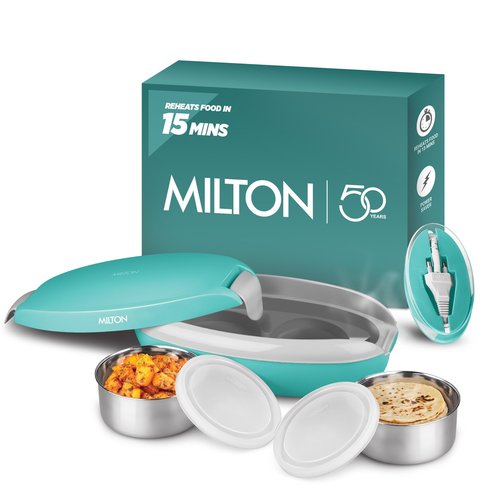 MILTON Swiftron Stainless Steel Electric Tiffin Box, Set of 2, (260 ml Each), Aqua Green | Food Grade | Double Walled | Auto Cut off | Reheats food