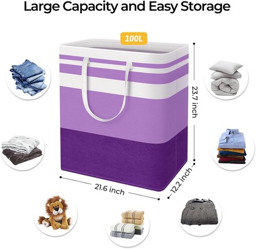 HomeHacks Large Waterproof Laundry Baskets - Collapsible Hampers with Reinforced Handles | Purple, 100L Each