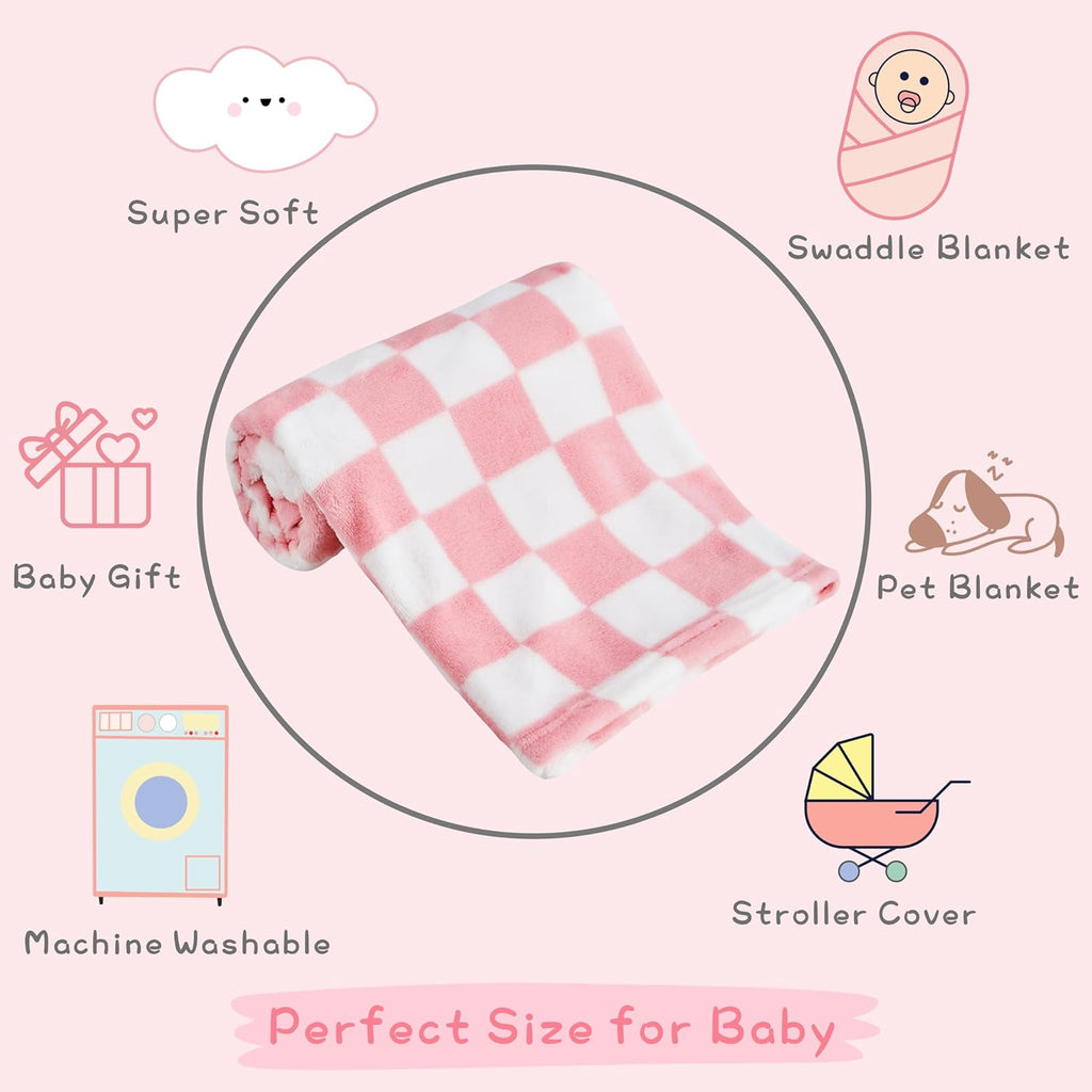 Yurhap Checkered Baby Blanket - Pink Fleece for Girls & Boys | Lightweight & Warm 30''x40''