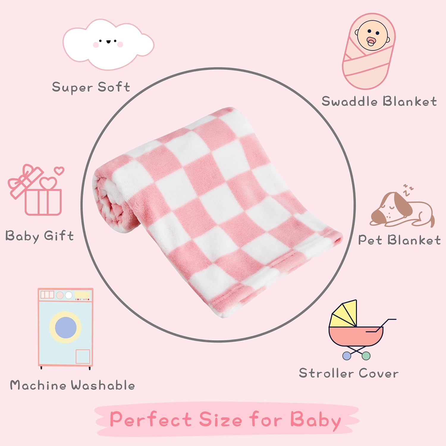 Yurhap Checkered Baby Blanket - Pink Fleece for Girls & Boys | Lightweight & Warm 30''x40''