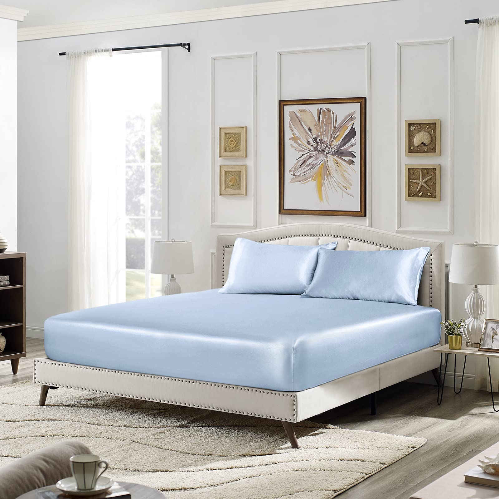 SiinvdaBZX 3-Piece Set Satin Twin XL Fitted Sheet & 2 Pillowcase, Baby Blue Silky Soft Fitted Bottom Sheet Twin Extra Long Bed Sheets, Wrinkle Free, Fade Resistant (Deep Up to 15")