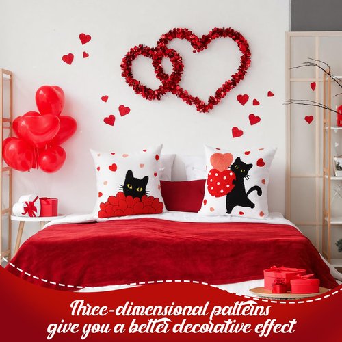 Mindsoft 2 Pcs Valentines Day Pillow Covers 18 x 18 Inch Embroidery Cushion Covers Red Heart Throw Pillowcase Cute Black Cat Pillow Cover Valentine Home Decor for Chair Sofa Bedroom Living Room