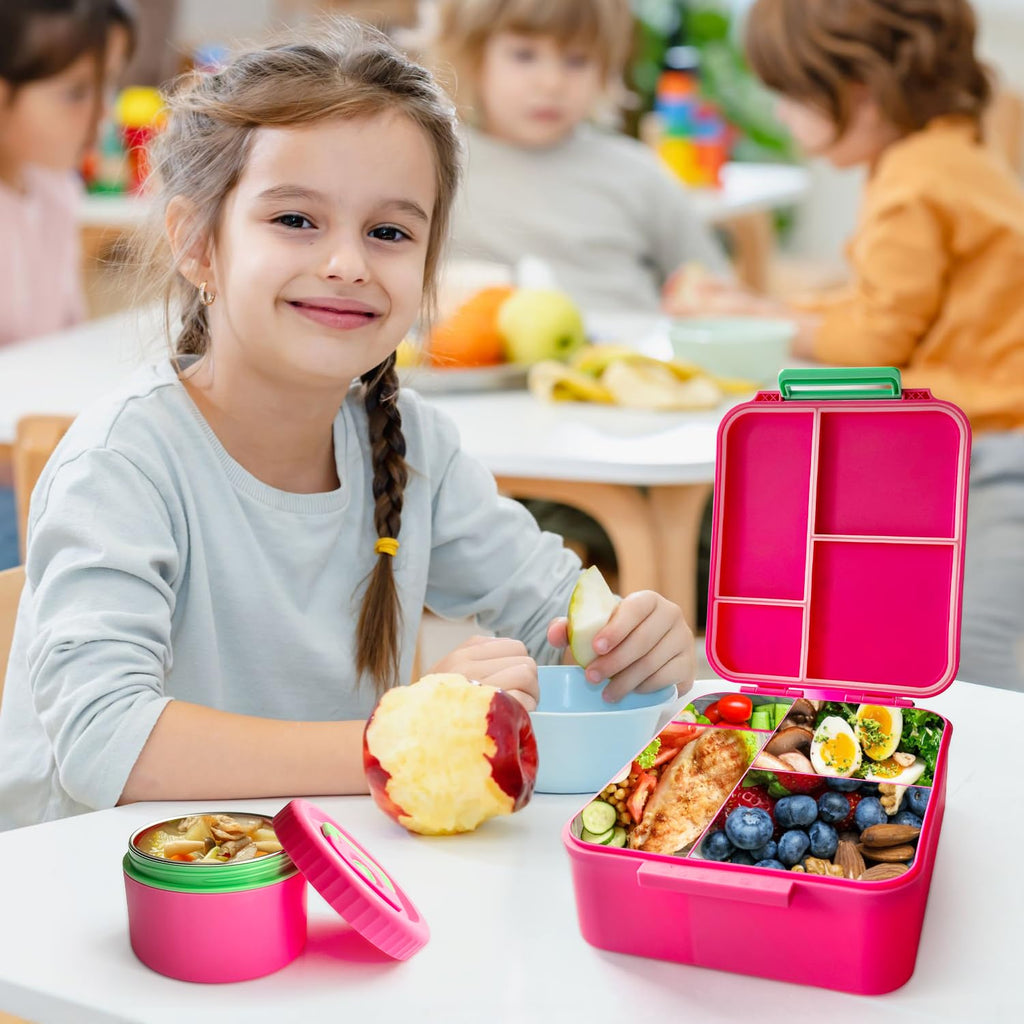 Kidz Bento Lunch Box with Soup Thermo, 4 Compartments Lunch Box Containers Leak proof, Insulated Food Jar for Travel Picnic