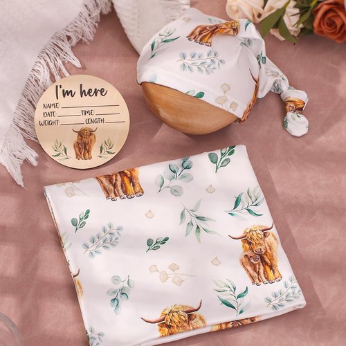 Ylsteed Baby Highland Cow Swaddle Blanket and Headband Set, Newborn Receiving Blanket Swaddle Wrap for Girls and Boys, Swaddling Blankets Neutral for Newborn 32 * 32 in (Highland Cow)