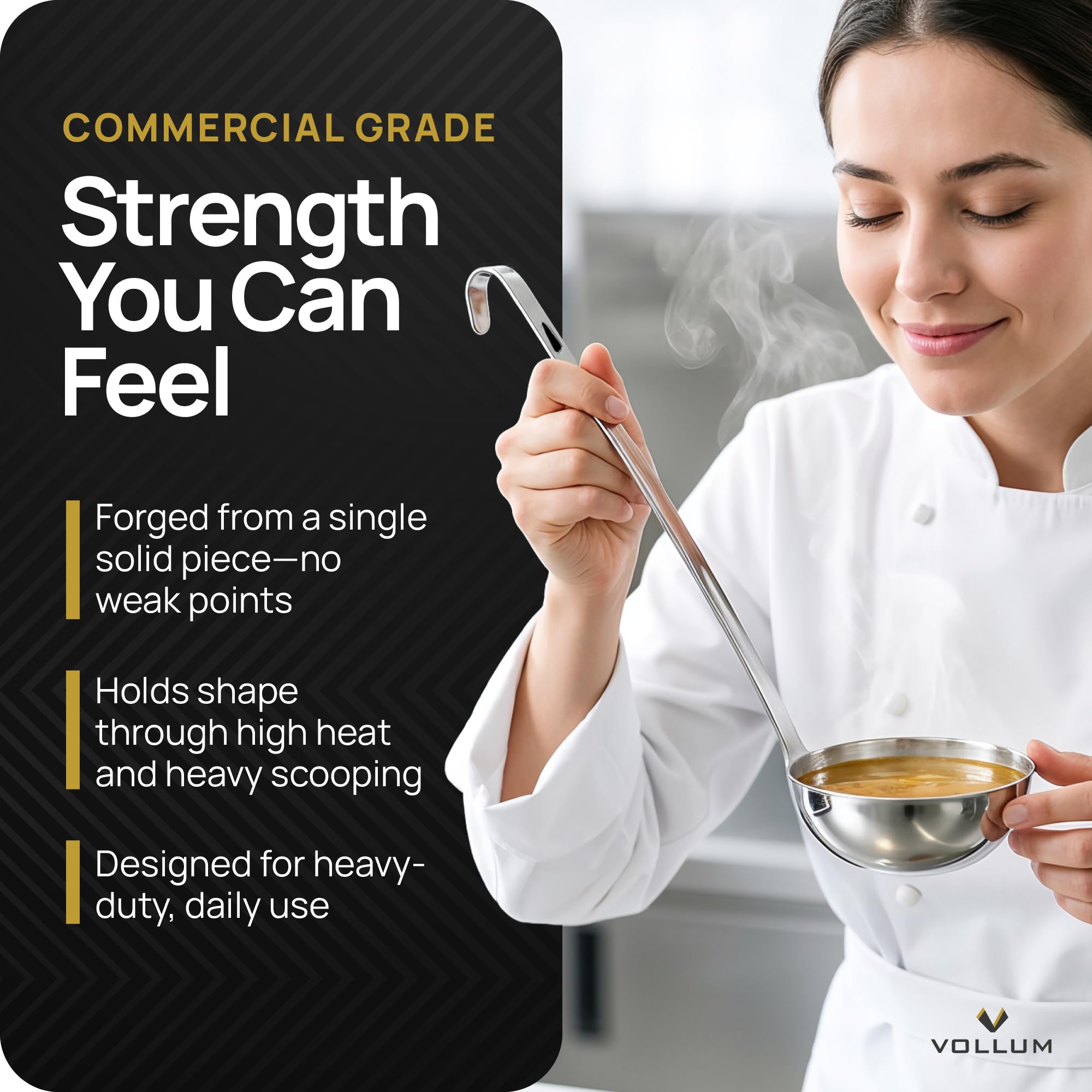 Vollum Metal Ladle Stainless Steel – Heavy Duty One-Piece Large Soup Ladle with Long Handle for Gravy, Stew, Sauce – Kitchen Utensils for Cooking - 6 Ounce (3.6" Bowl Diameter, 12.1" Handle Length)