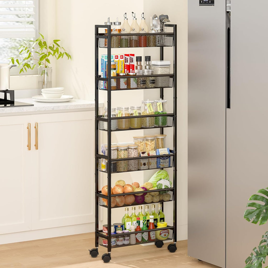 ThreeHio 6-Tier Slim Storage Cart - Mobile Metal Shelving Unit for Kitchen & Bathroom - Black, 6in Width