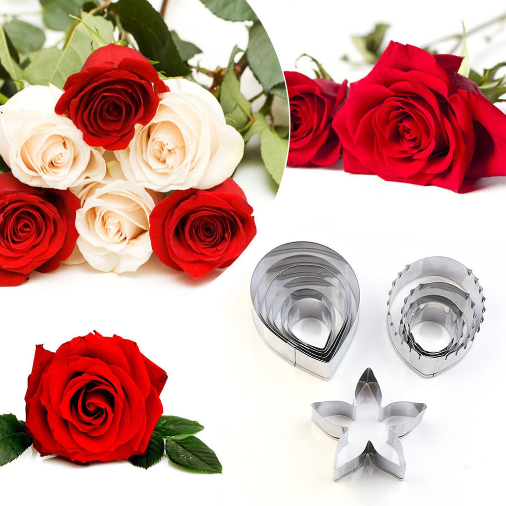 Rose Petal Fondant Cutters Set of 11 pcs, Stainless Steel Flower Shaped Cookie Cutters Pastry Biscuit Baking Clay DIY Molds (Rose Petals + Leaf + Calyx)