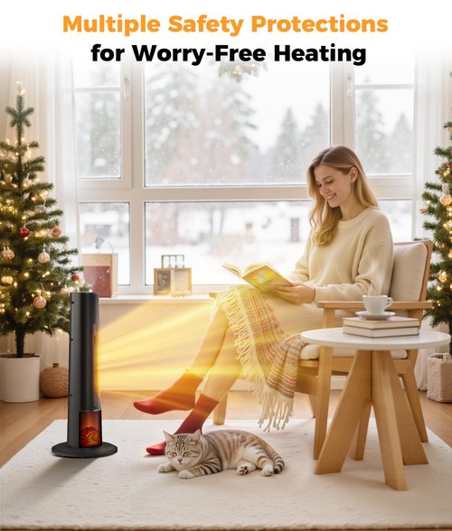 Oylus Tower Heater for Indoor Use - 25" Portable Space Heater with 3D Flame, Remote, Adjustable Thermostat, 2 Heat Modes, Multiple Safety Protection, 12H Timer, Quiet Electric Heater for Large Room