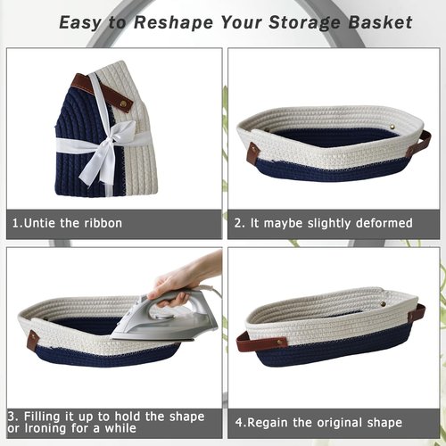 Hapforever 1 Pack Small Woven Storage Basket for Toilet Tank Top, Bathroom Countertop Organizer Cotton Rope Toilet Paper Storage Decorative Basket 13"x6"x4"(Navy/White)