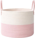 JMvicyroam Extra Large Blanket Basket - Woven Cotton Rope Laundry Hamper with Reinforced Handles | White & Pink, 115L Storage Bin for Pillows, Comforters & Toys