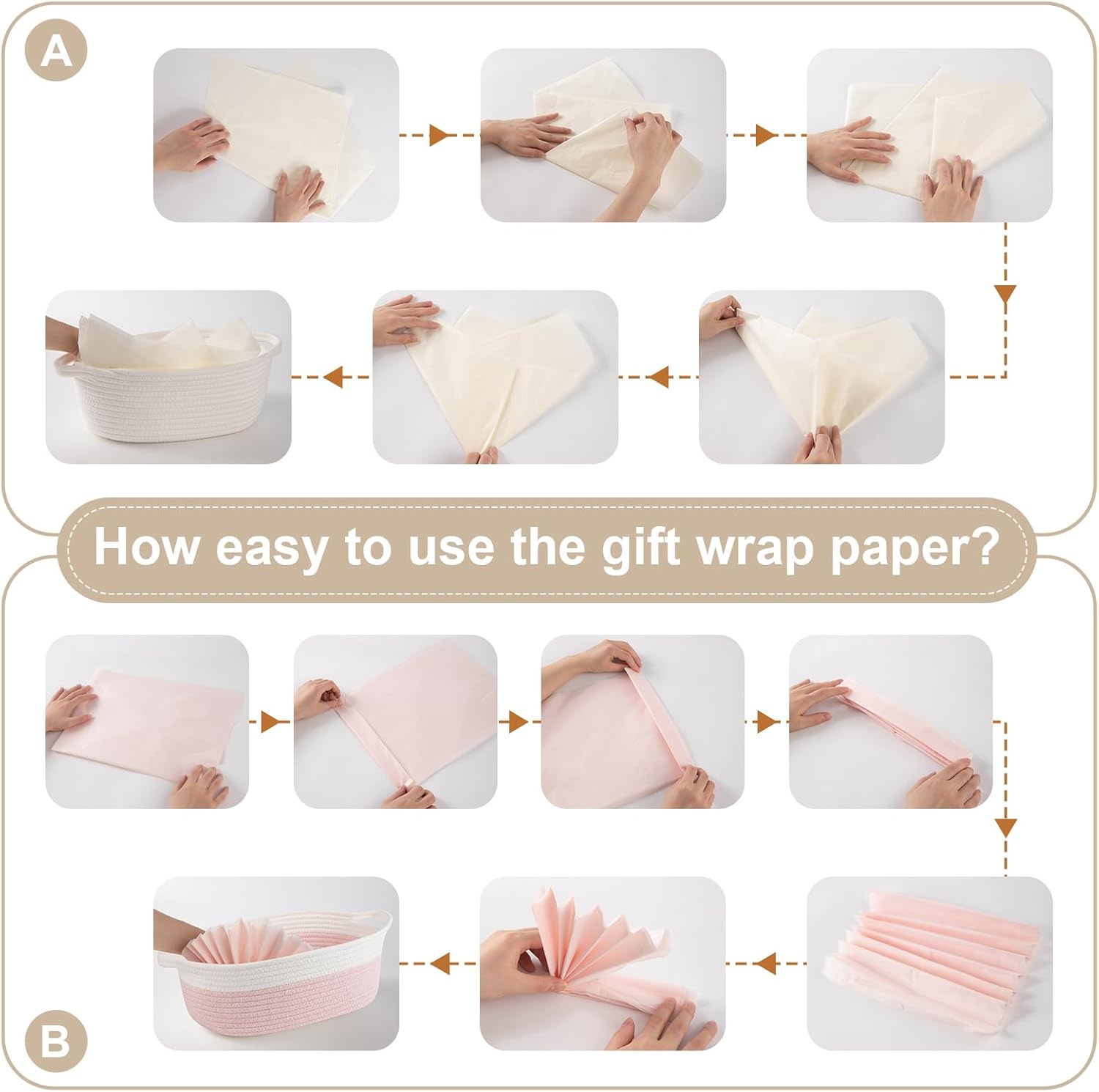 OIAHOMY Small Woven Gift Basket - 12"x8"x5" with Handle, Ribbon & Tissue Paper | Pink & White Dog Toy Organizer