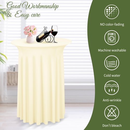 YJYQHYX 6 Packs Round Cocktail Table Skirt 32"x 43" Spandex Stretch Cocktail Table Cloths with Wavy Skirt, Spandex Fitted High Top Table Covers for Wedding Party Birthday Banquet Table (Beige)