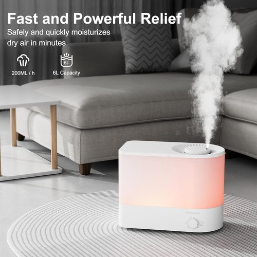 MEGAWISE 2025 Large Capacity Humidifier - 6L Top Fill Design, 50H Ultra Quiet Cool Mist for Bedroom & Nursery (White)