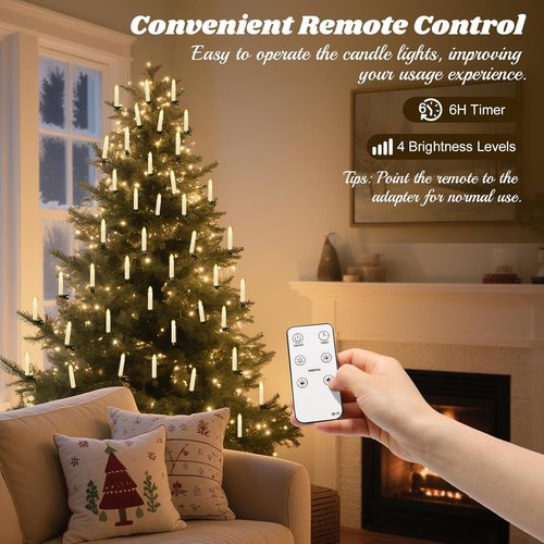 Lewondr Christmas Tree Candle Lights - 20 LED Flameless Flickering Candles with Remote Timer | Beige Holiday Ornaments