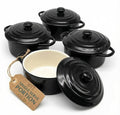 Kook Ceramic Mini Cocotte Set - 12 oz Individual Baking Ramekins | Oven Safe, Microwave & Dishwasher Safe, Black - Set of 4