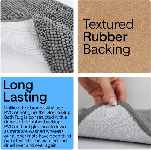 GORILLA GRIP Bath Rug Mat - Thick Soft Absorbent Chenille | Quick Dry Microfiber, 54x24, Grey