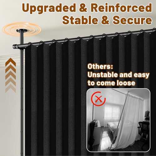 AJAZZ Room Divider Curtain (Black, W100 x L84 in, 1 Panel)+ Tension Curtain Rod No Drilling (H) 43-120×(W) 35-100 in, for Privacy/Soundproof Curtains, Heavy Duty Wall Separator