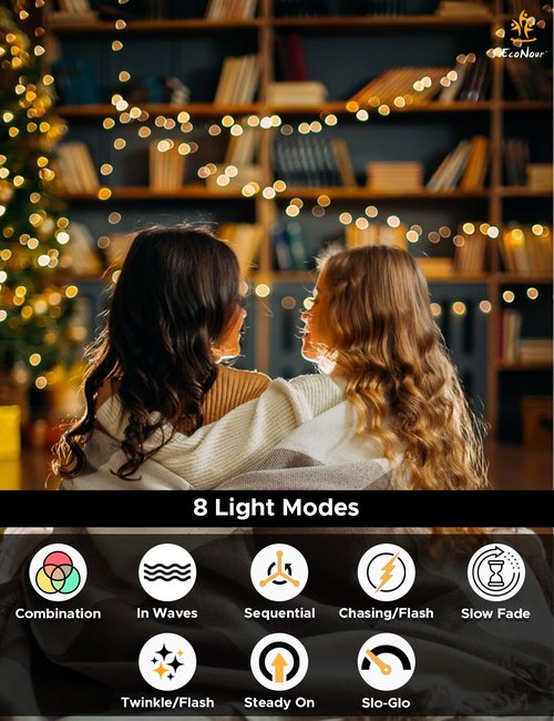 EcoNour 41 Ft 1000 LED Cluster Twinkle Lights for Christmas Tree, 8 Modes String Lights for Decoration with Timer and Memory Function, Ambient Warm White Fairy Lights for Magical Home & Garden Decor