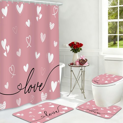 MEHOFOND 4pcs Valentines Shower Curtain Set Pink Love White Heart Shower Curtain Sets for Valentine's Day Bathroom Decor Sweetheart Bathroom Curtains with Non-Slip Rugs Toilet Lid Cover and Bath Mat