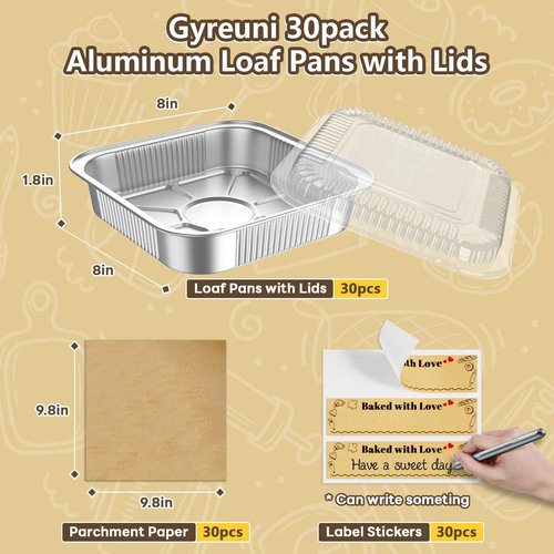 Gyreuni 30 Pack Disposable Aluminum Foil Loaf Pans with Lids & Parchment Paper | 8" x 8" Baking Tins