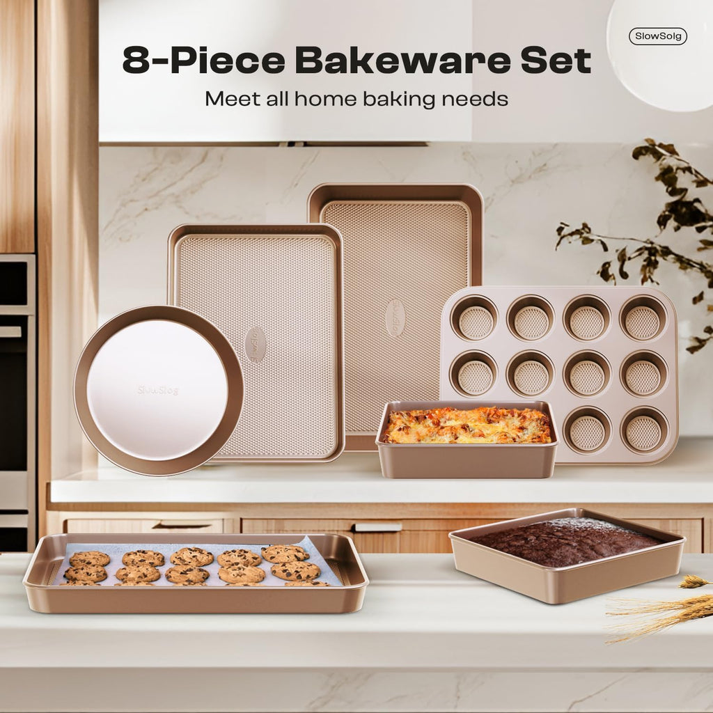 Skiennix 8-Piece Baking Pans Set - Nonstick Bakeware with Ceramic Coated Gold Finish
