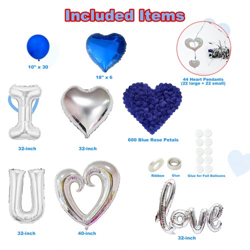 Happy Valentines Day Decorations Balloon Valentines Decorations, Happy Anniversary Decorations, I Love You Balloon for Him Silver Blue Heart Balloon, Blue Rose Petals Romantic Decoration Special Night