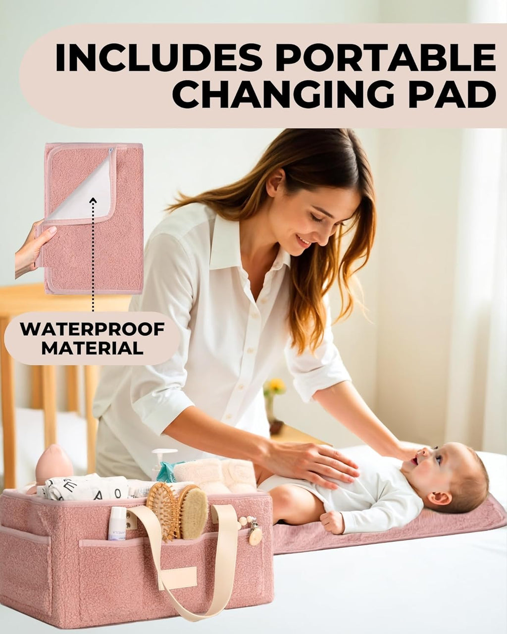 Skiennix Baby Diaper Caddy Organizer - Portable Changing Mat & Removable Dividers - Teddy Fleece Design