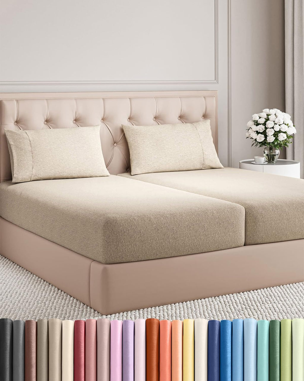 Split King Size Sheet Set by [Brand Name] - Comfy, Breathable & Cooling Luxury Bedding - Deep Pockets, Wrinkle-Free, Beige