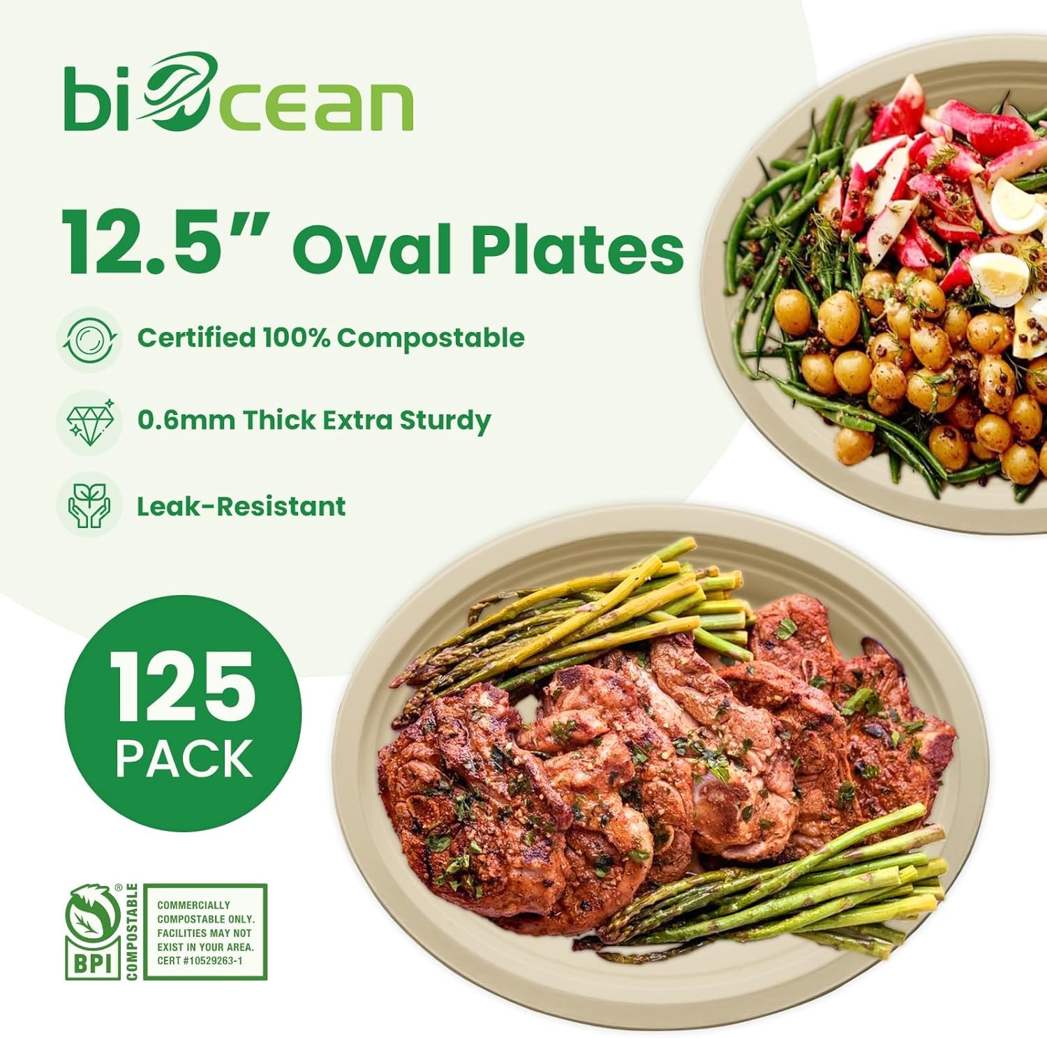 Skiennix Compostable Oval Plates - Heavy-Duty 12.5 Inch Biodegradable Sugarcane Bagasse | 125-Value Pack