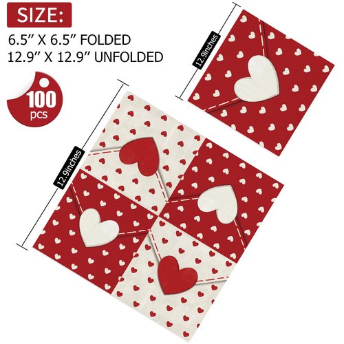 100Pcs Valentine's Day Paper Napkins Love Heart Party Decorations Sweet Heart Cocktail Beverage Napkin Towel Tableware for Spring Wedding Holiday Dinner Tea Party Supplies 13 x 13 Inches