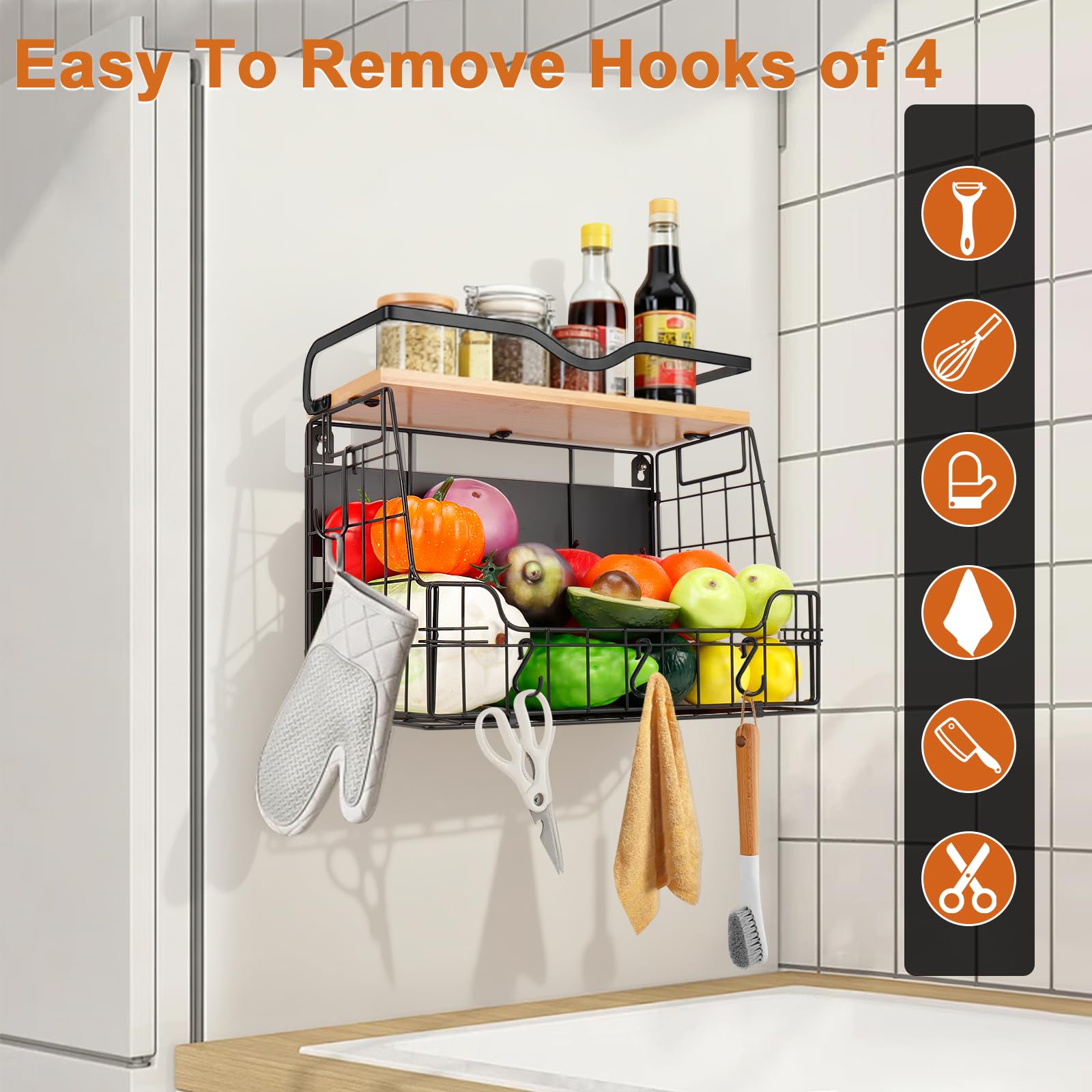 Livabber Magnetic Fridge Organizer Basket with Wood Shelf, Large Fruit Vegetable Storage Bin, Spices Snacks Condiments Rack for Kitchen Pantry, Laundry Room, Office, Magnetic or Wall Mount (Black)