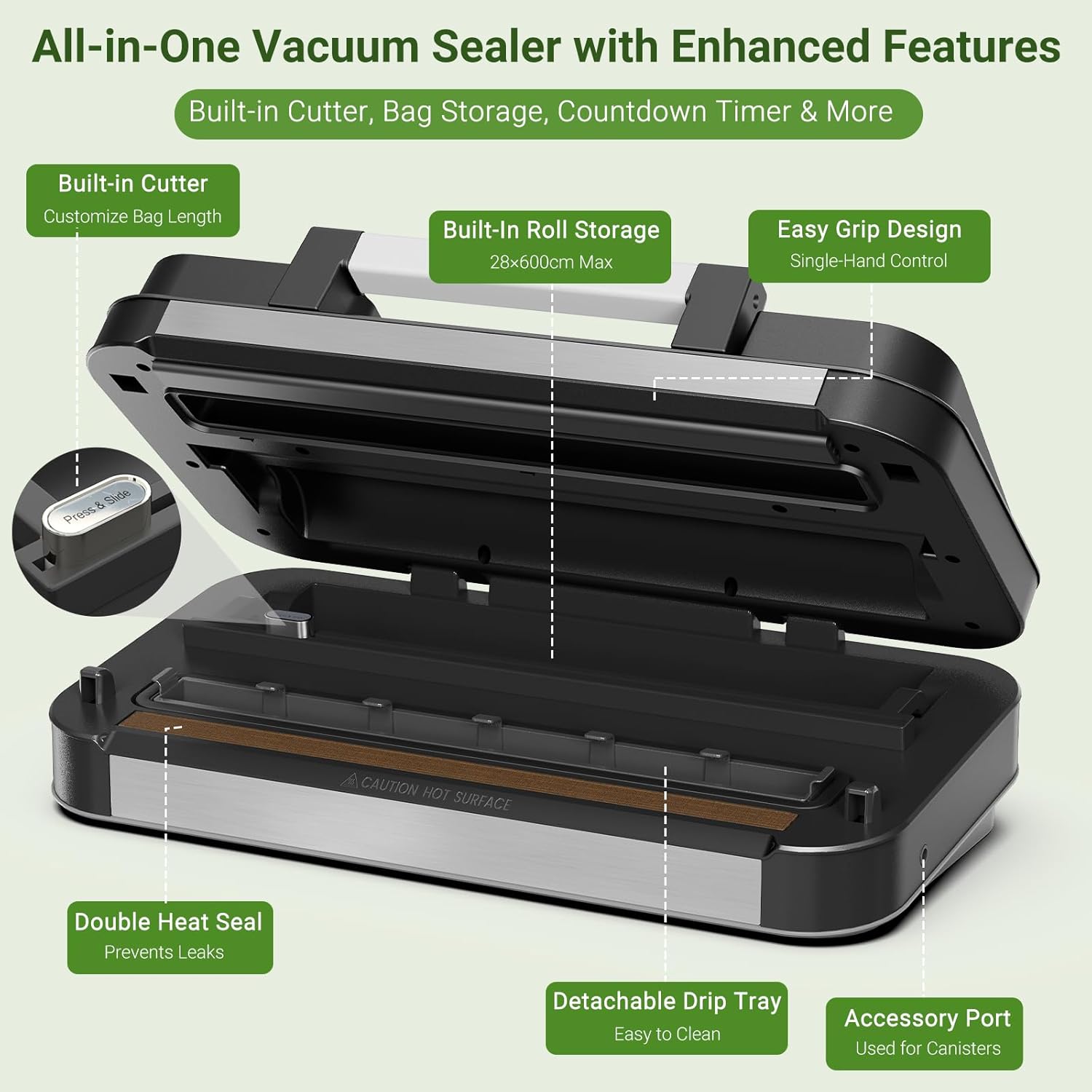 Vacuum Sealer Machine - 95kPa Powerful Double Pump | 10-in-1 Food Sealing System with Built-in Cutter & Storage