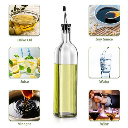 Leaflai Olive Oil Dispenser Bottle, 2 Pcs Glass Olive Oil Dispenser and Vinegar Dispenser Set with 2 Stainless Steel Pourers, 4 Labels,1 Brush and 1 Funnel Oil Bottles for Kitchen (500ml)