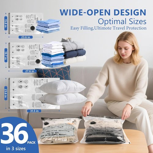 NESCCI Travel Vacuum Bags - 36 Pack Compression Packing Bags with Rechargeable Wireless Air Pump | Space Saver for Luggage & Carry-On
