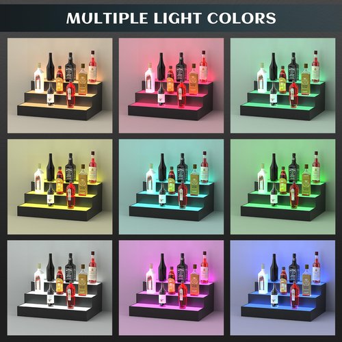 upcessory LED Lighted Liquor Bottle Display Shelf, 3 Tier 16 Inch Alcohol Whiskey Wood Rack Stand Tray for Home Bar Living Room Accessories and Decor, Bourbon Shelf for 12 Bottles
