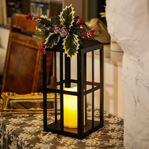 Bdor Christmas Lantern Decoration - 2 Pack with LED Flameless Candle, Pinecones & Holly Berries | Holiday Tabletop & Porch Decor