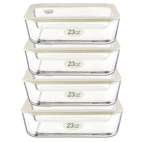 Urban Green Glass Food Container Set with Glass Lid, 4 Pack, Food Storage Containers Set, Airtight, LeakProof, 100% Plastic Free, Meal Prep Containers (White Color)