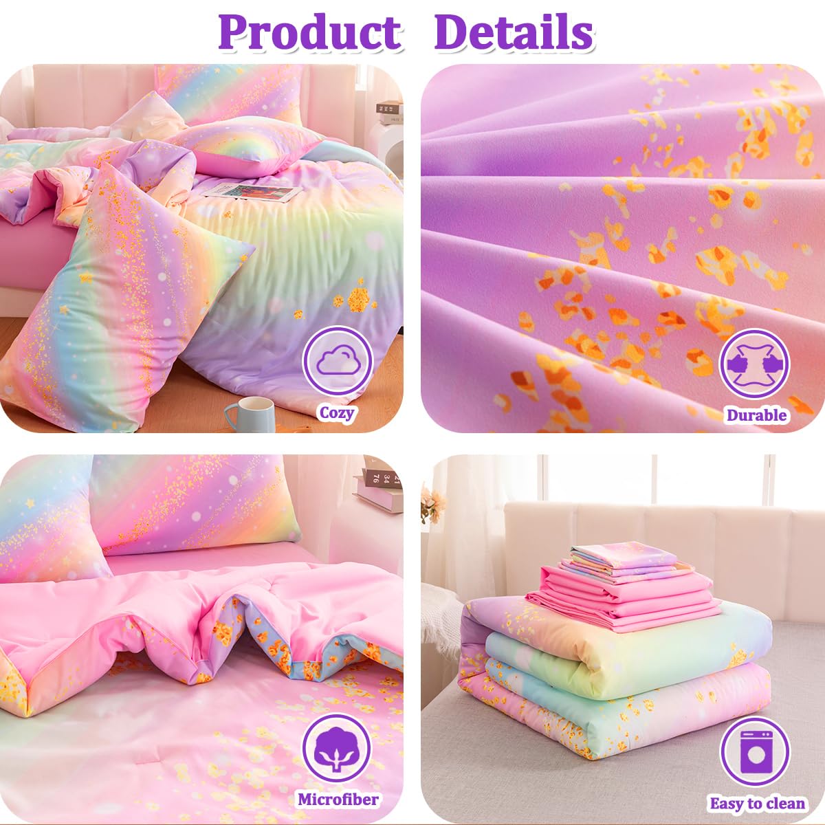 ASKOTU Full Size Bedding Sets for Girls, 6 Pcs Bed in A Bag Full Glitter Galaxy Bedding Set, Girls Pink Rainbow Comforter Set with Sheets