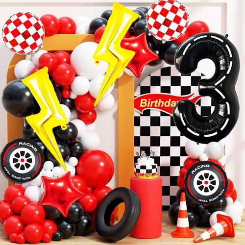 Cartoon Race Car Birthday Party Decorations Large Lightning Bolt Foil Balloons Race Car Balloons 40 Inch Racetrack Number 3 Balloon for Boys 3rd Cars Themed Birthday Party Decor Supplies