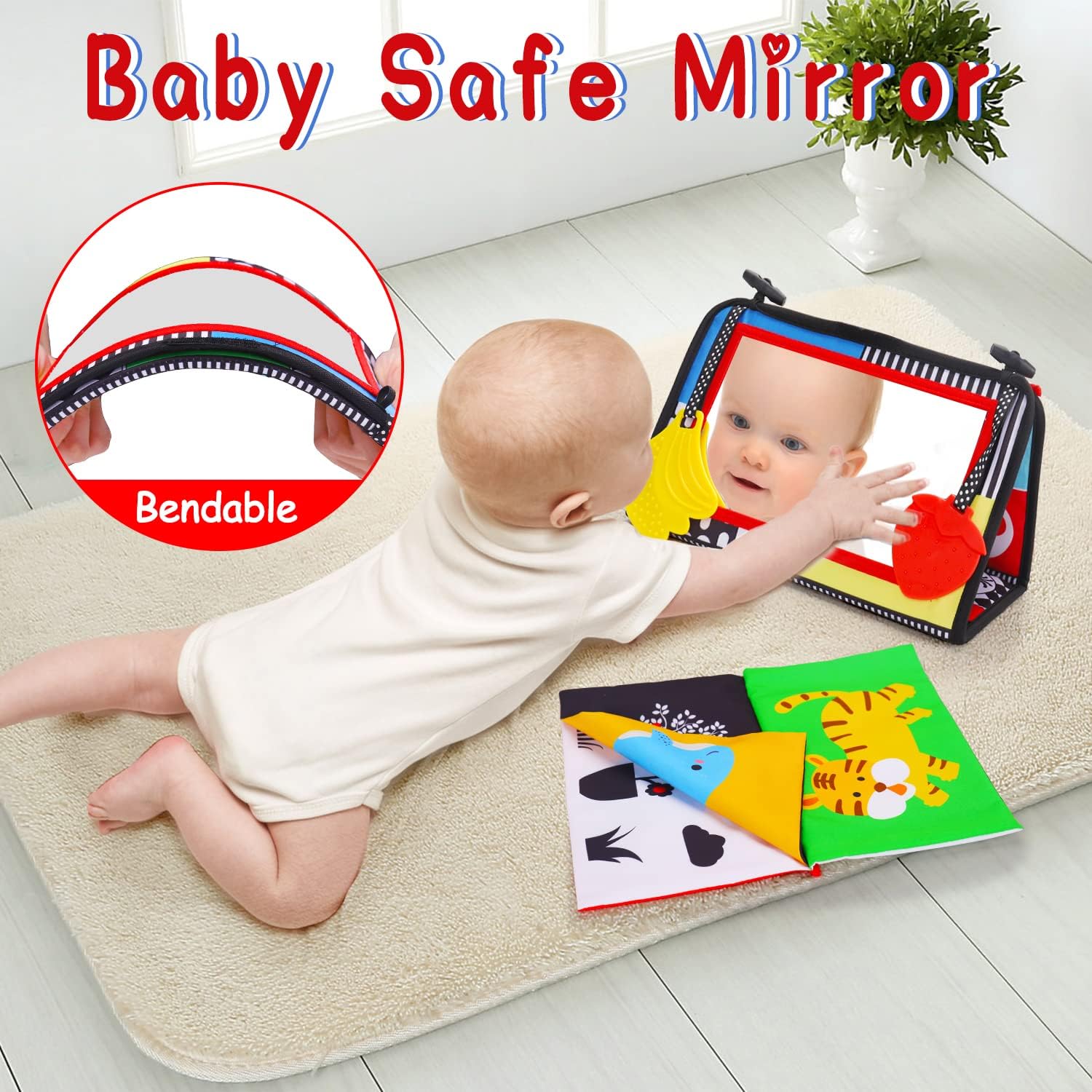 Skiennix Tummy Time Baby Mirror - High Contrast Infant Toy for Brain Development | Crinkle Cloth Book & Teether, 0-6 Months