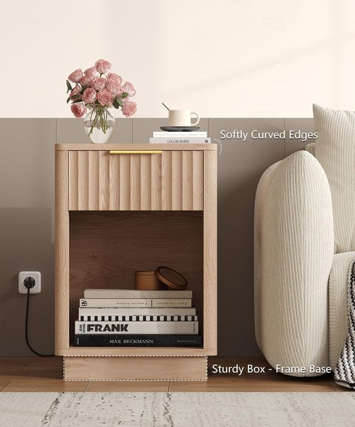 Akxomel Fluted Nightstand, Wooden Night Stand with Charging Station and LED Light, Modern Mid Century End Table with Drawer, 15" D x 15.7" W x 22.6" H, for Bedroom, Natural Oak