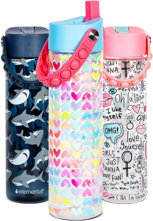 Elemental Splash Water Bottle - BPA-Free Tritan Plastic with Straw & Pop It Strap | 26oz Rainbow Heart - Ideal for Travel & Sports