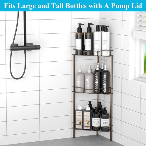 HuggieGems 3-Tier Corner Shower Caddy Organizer - Stylish Bronze Bathroom Shelf with Hooks