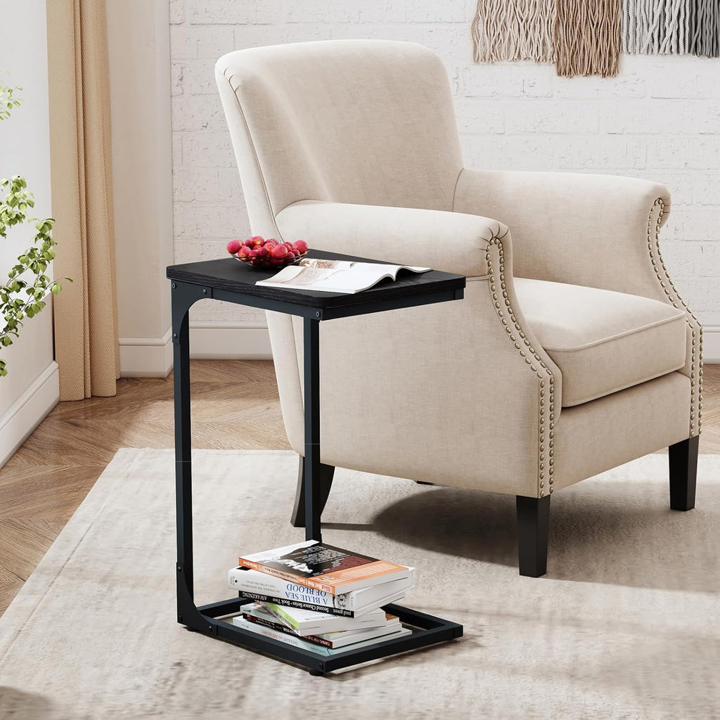 QEEIG C Table Set of 2 - Modern Black C Shaped Side Tables for Living Room & Couch