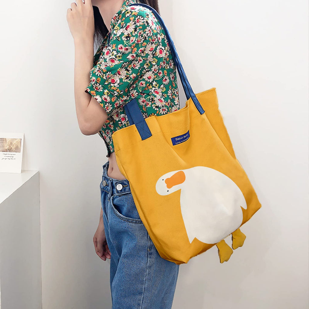 MEETPET Cute Canvas Tote Bag for Women Reusable Cotton Cloth Bag for Lunch Grocery Shopping and Beach with 3D Duck Design (Shoulder Carry Yellow Duck)