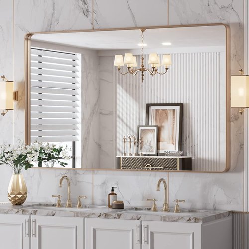 LOAAO Gold Bathroom Mirror - 48”x30” Rounded Rectangle Design | Wall-Mounted, Anti-Rust Tempered Glass