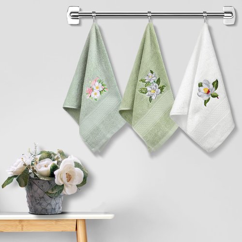 Tingjoo Magnolia Floral Hand Towels Farmhouse Green White Magnolia Bathroom Decor 14x29 Inch Embroidered Decorative Cute Summer Flowers Cotton Soft Absorbent Hand Towels for Bathroom Kitchen