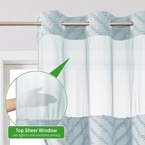 eachope No Hook Boho Farmhouse Shower Curtain with Snap-in Fabric Liner set-71Wx74H(72H),Tufted Chevron Striped Hotel Grade Cloth Shower Curtains for Bathroom with Window,Water Repellent,Fog Blue