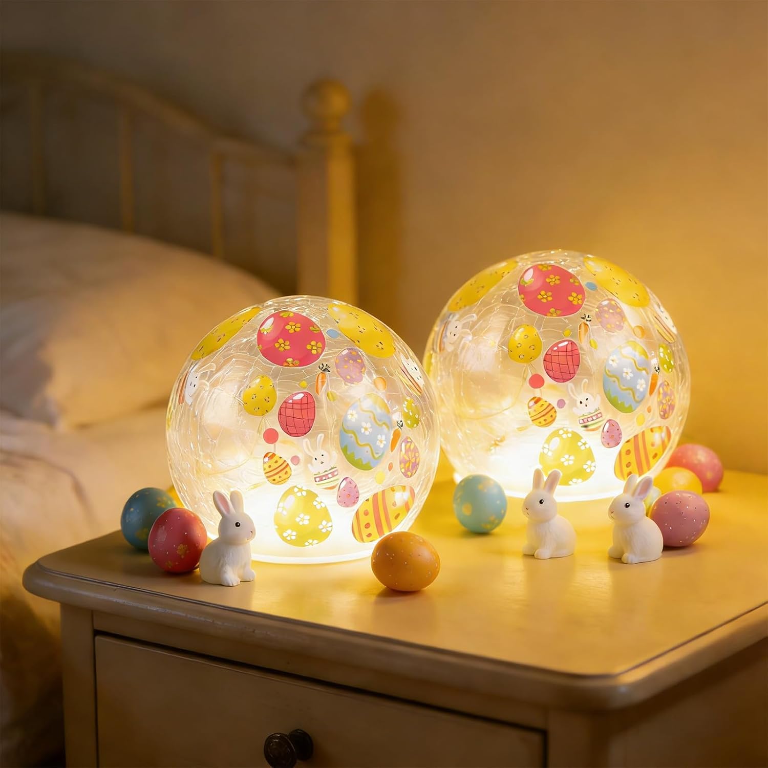 Skiennix Easter Glass Ball Lights - 2PCS 3.93'' LED Bunny Egg Decorations | Battery Operated Tabletop Lamps
